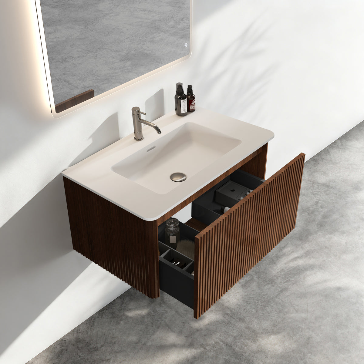 Etna 30" Striped Walnut Bathroom Vanity with White Sink