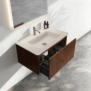 Etna 30" Striped Walnut Bathroom Vanity with White Sink