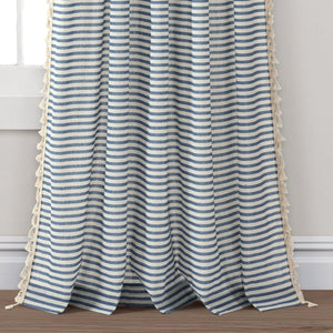 Boho Coastal Horizontal Ticking Stripe Tassel Window Curtain Panel Set