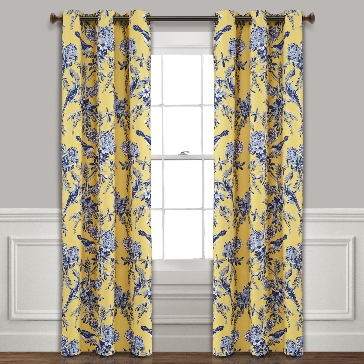 Farmhouse Bird And Flower Insulated Grommet Blackout Curtain Panel Set