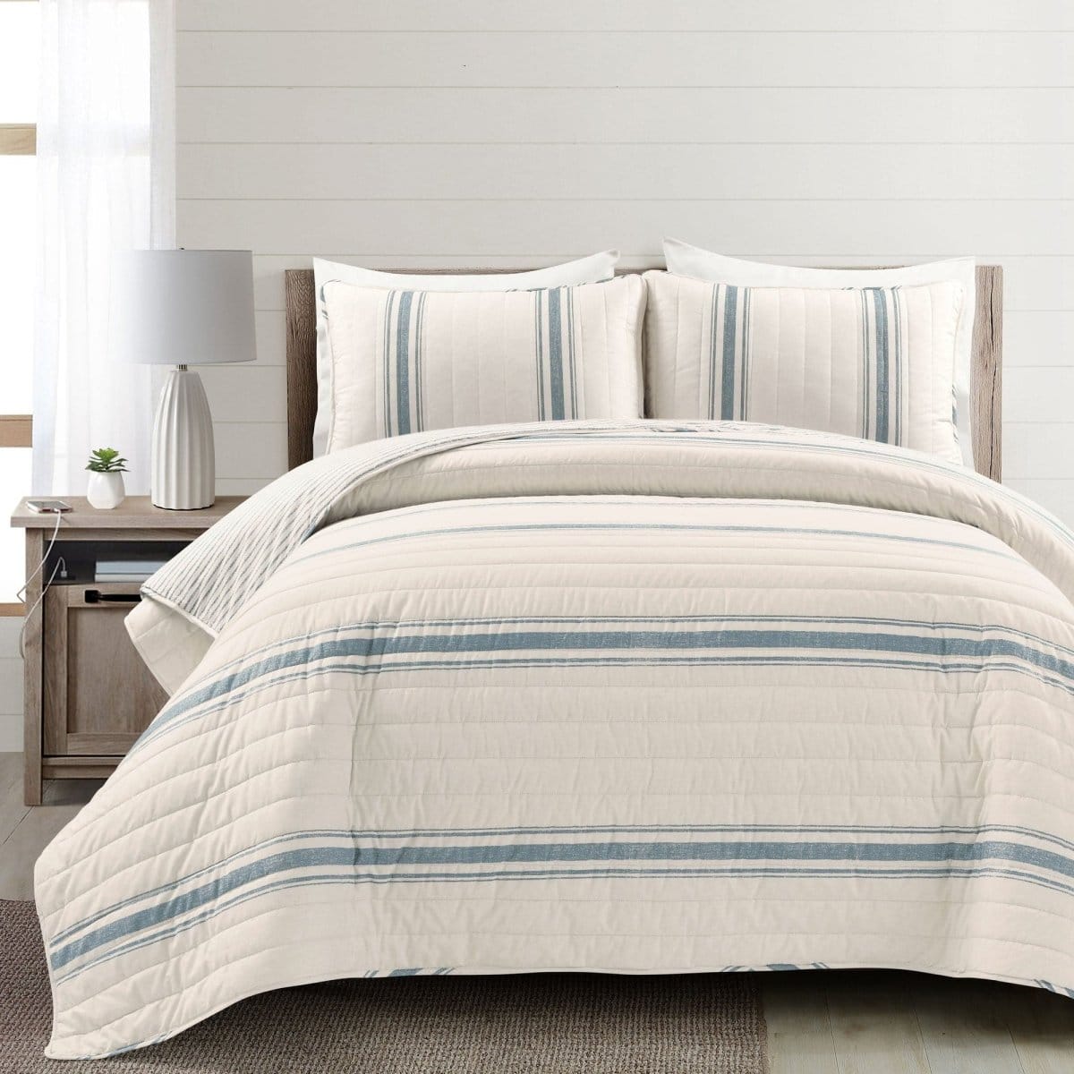 LushDecor Farmhouse Stripe Reversible Cotton Quilt Set in Blue