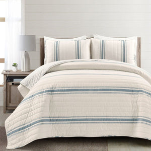 LushDecor Farmhouse Stripe Reversible Cotton Quilt Set in Blue