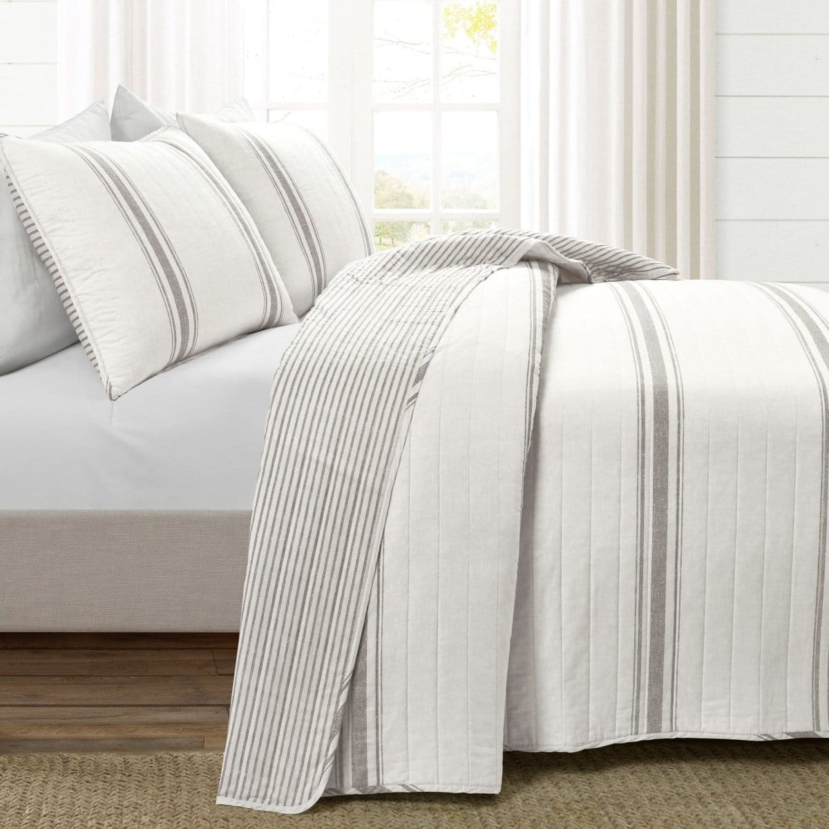 LushDecor Farmhouse Stripe Reversible Cotton Quilt Set in Gray - view 2