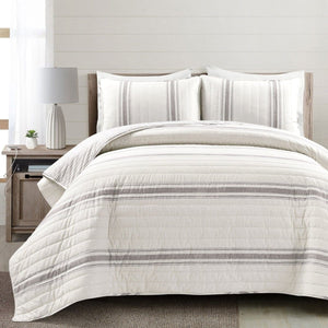 LushDecor Farmhouse Stripe Reversible Cotton Quilt Set in Gray