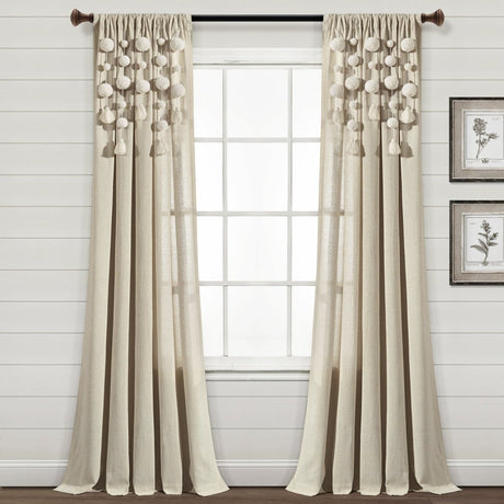 Boho Pom Pom Tassel Faux Linen Window Curtain Panel