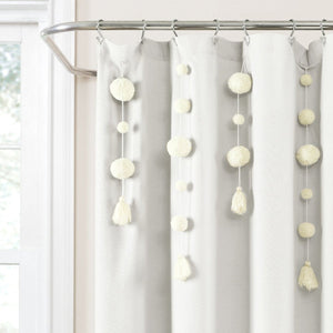 Boho Pom Pom Tassel Faux Linen Shower Curtain