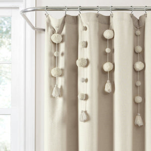 Boho Pom Pom Tassel Faux Linen Shower Curtain