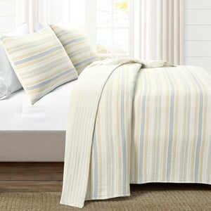 Solange Stripe Kantha Pick Stitch Yarn Dyed Cotton Woven Quilt Coverlet Set