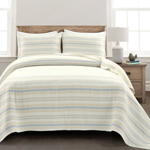 Solange Stripe Kantha Pick Stitch Yarn Dyed Cotton Woven Quilt Coverlet Set