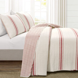 LushDecor Farmhouse Stripe Reversible Cotton Quilt Set in Red - view 2