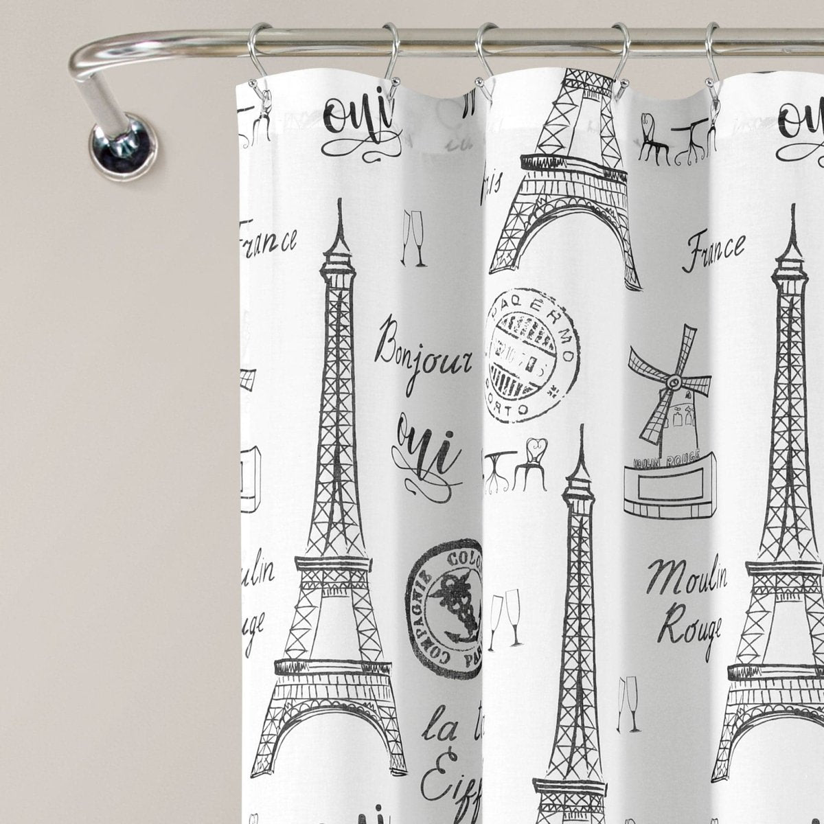 Paris Bonjour Cotton Shower Curtain 72" x 72" Black White
