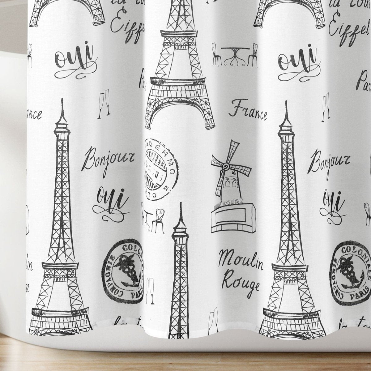 Paris Bonjour Cotton Shower Curtain 72" x 72" Black White