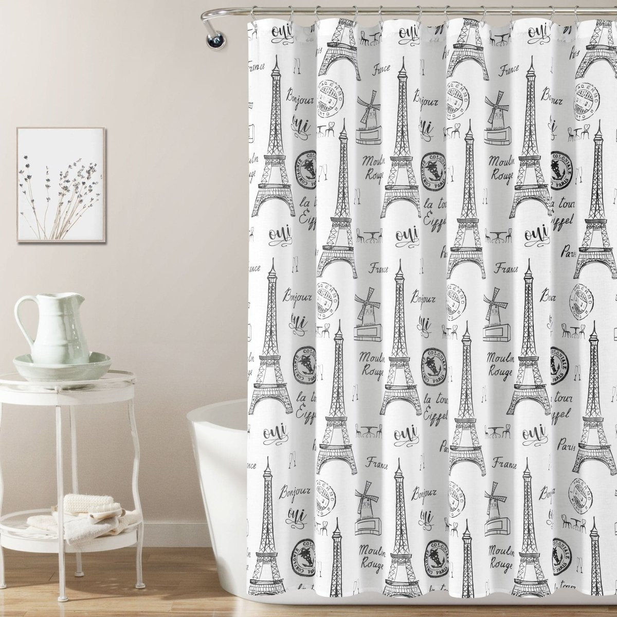Paris Bonjour Cotton Shower Curtain 72" x 72" Black White