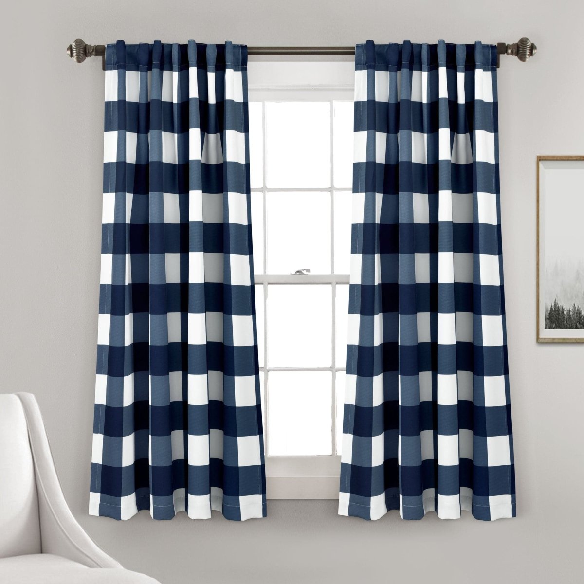 LushDecor Kelly Checker Light Filtering Window Curtain Panel Set in Navy - view 2