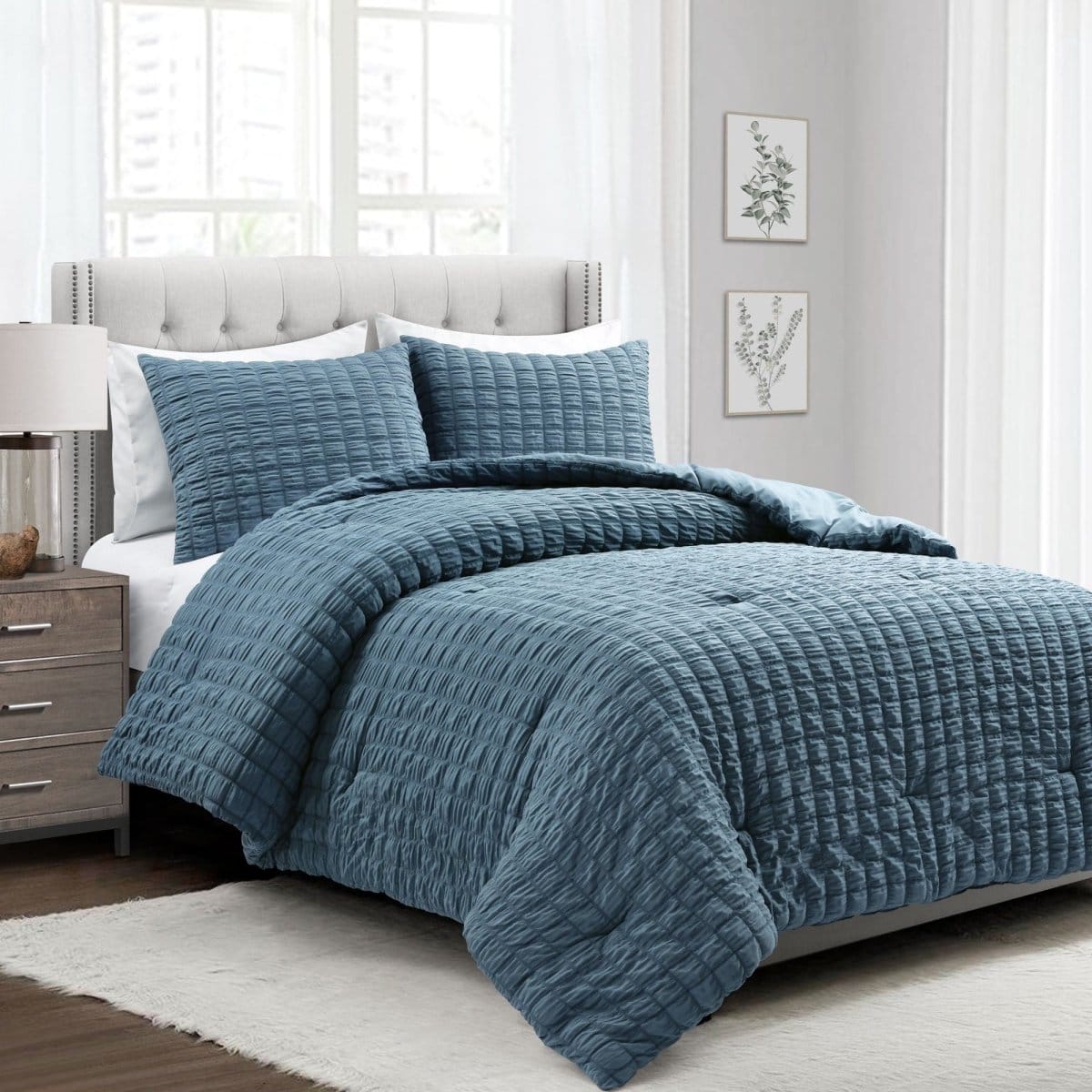 LushDecor Crinkle Textured Dobby Comforter Set in Blue