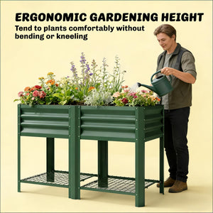 Outdoor Elevated Planter Box with Storage Shelf - Green