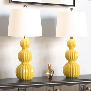 28-Inch Ceramic Table Lamps Set of 2, Modern Triple Gourd, Yellow with White Shade