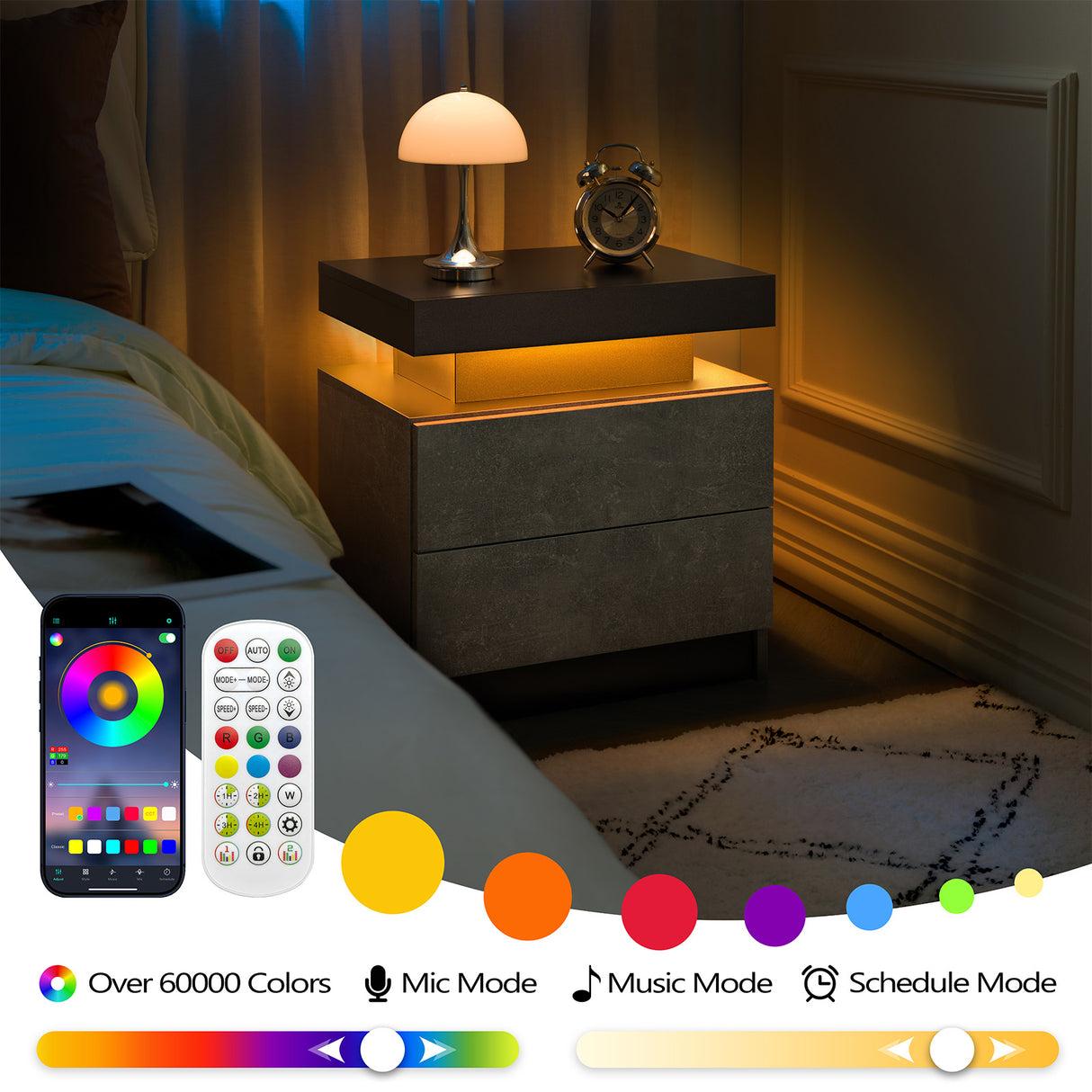 Modern LED Nightstand with 2 Drawers for Bedroom