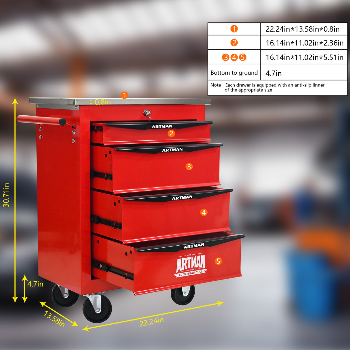 4 Drawers Multifunctional Tool Cart with Wheels, Red & Black