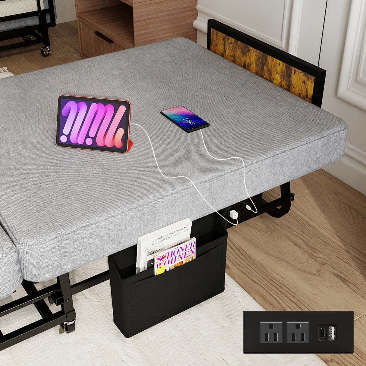 78"×31" Folding Bed with Headboard & USB Charging Station