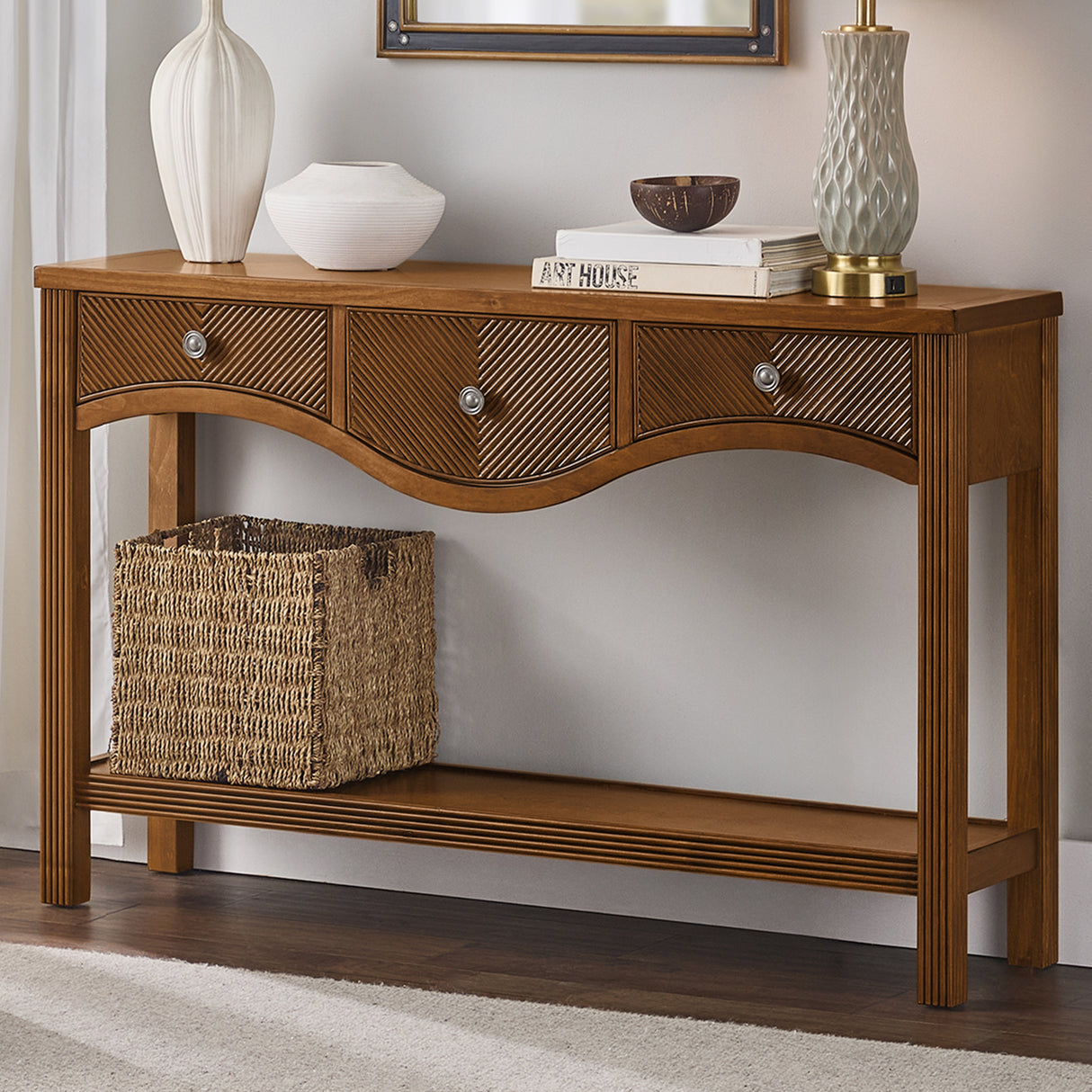 52'' Fluted Wood Console Table with 3 Drawers