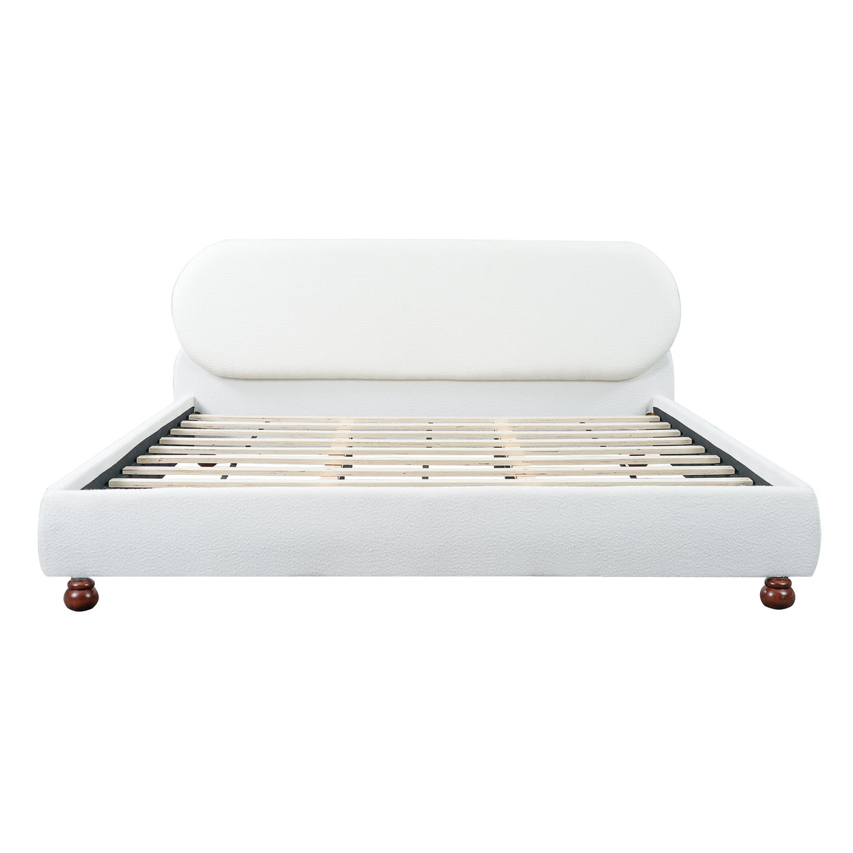 Cream-Colored Boucle Upholstered Bed with Rubber Wood Foot, King