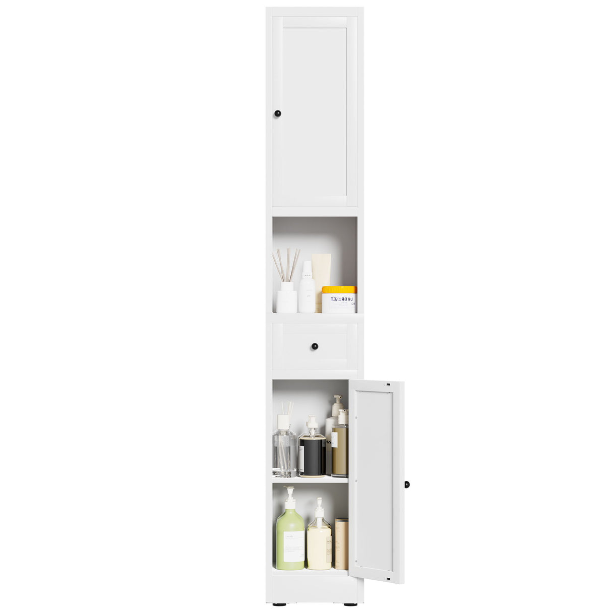 Tall Bathroom Storage Cabinet, 5-Tier Narrow With 2 Doors & Adjustable Shelves, Freestanding - White