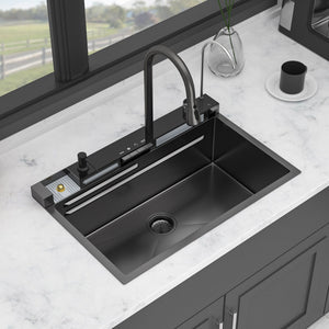 30" Whale Digital Waterfall Sink With LED Display, 16 Gauge Single Bowl Ledge Workstation - Gunmetal Black