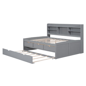 Captain Bed With Built In Bookshelves, 3 Storage Drawers, And Trundle