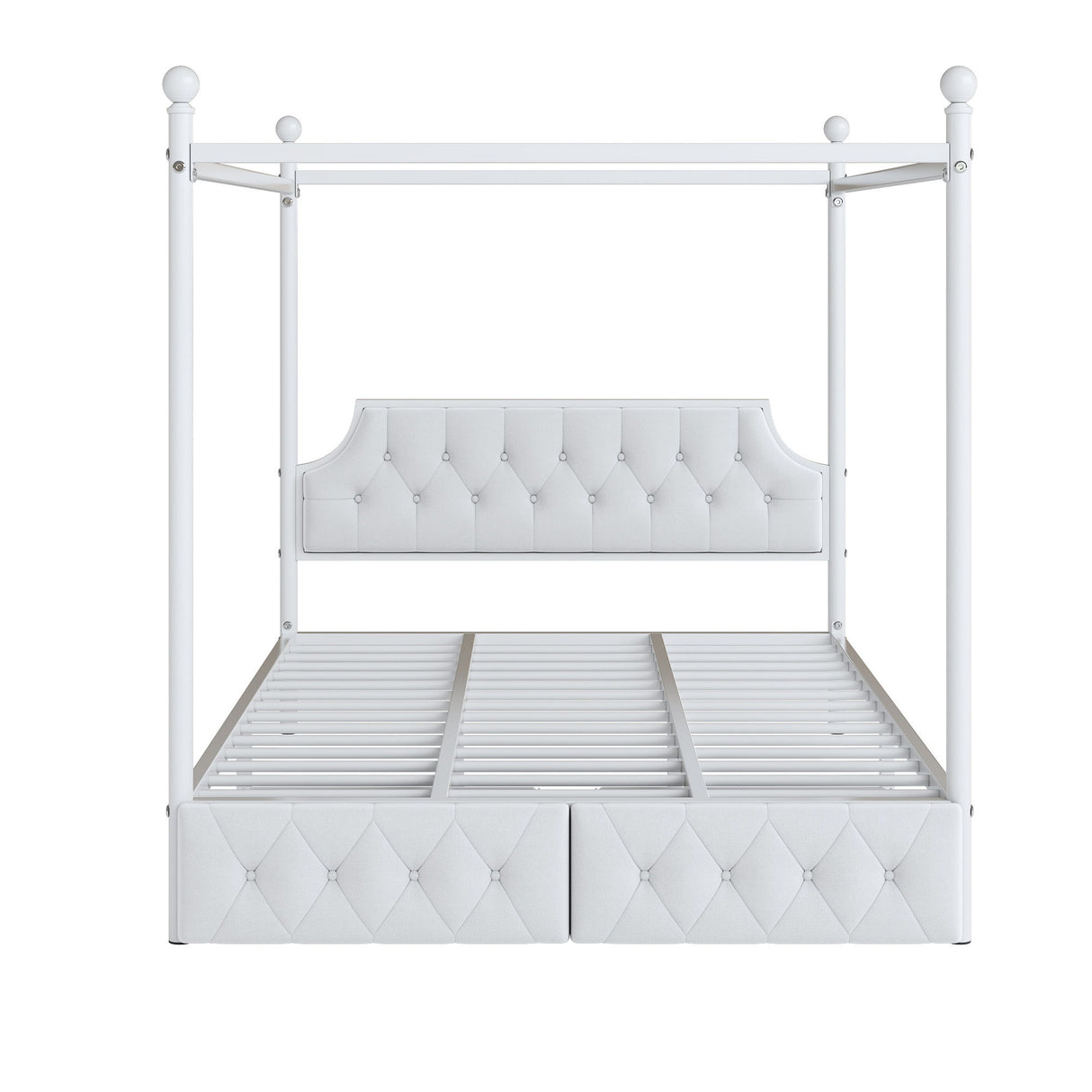 Queen Size Canopy Platform Bed With Upholstered Headboard And 2 Storage Drawers - White