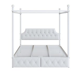 Queen Size Canopy Platform Bed With Upholstered Headboard And 2 Storage Drawers - White
