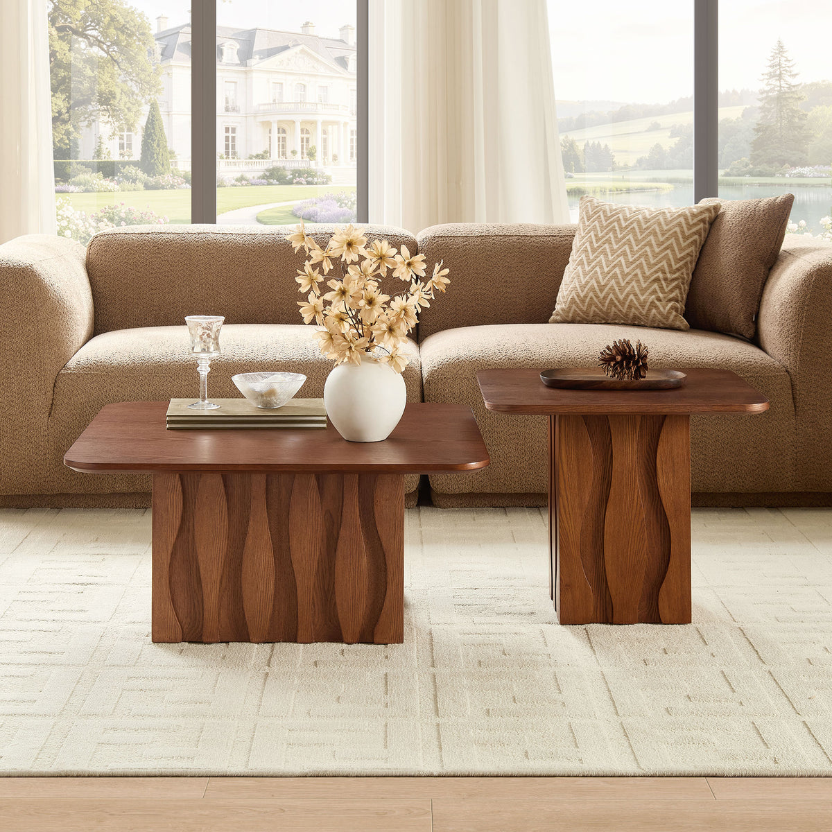2PCS Nesting Square Coffee Table Mid-Century Wavy Fluted Base