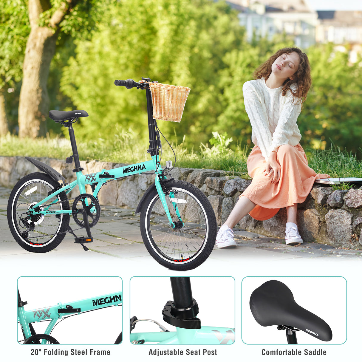 20 Inch Folding Bike for Adults with Basket, Phone Holder & Fenders