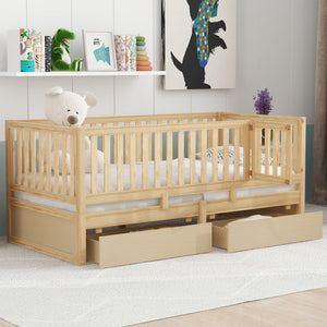 Daybed With Fence Guardrails And 2 Drawers, Split Into Independent Floor Bed & Daybed