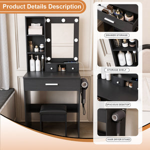 Vanity Table With Mirror, Adjustable LED Lights, Power Outlet, Hairdryer Holder & Stool