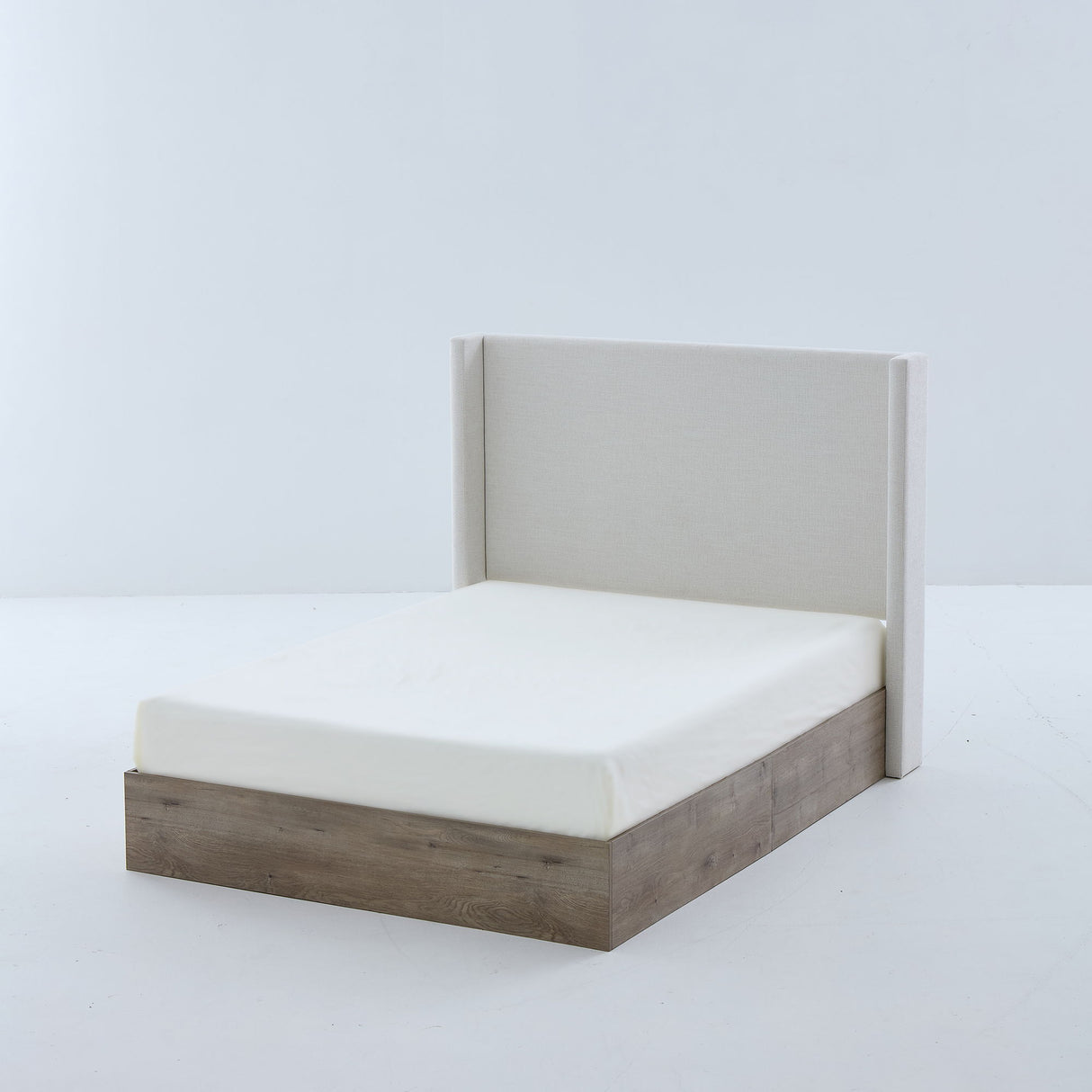 Shelton - Queen Upholstered Wingback Bed With 54" High Headboard - Ivory / Light Gray / Camel Oak