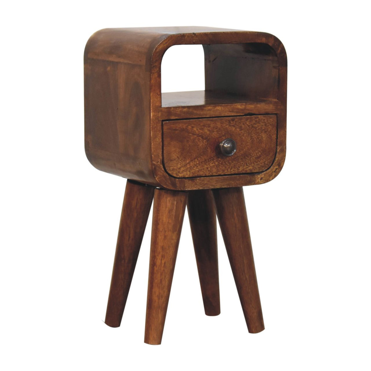 Solid Wood Extra Mini Curve Bedside, 1-Drawer, 1 Open-Slot, Chestnut