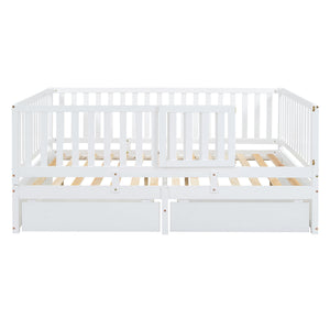Daybed With Fence Guardrails And 2 Drawers, Split Into Independent Floor Bed & Daybed