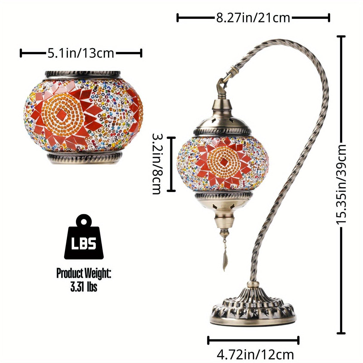 Turkish Mosaic Table Lamp – Swan Neck Moroccan Bedside Light with LED Bulb