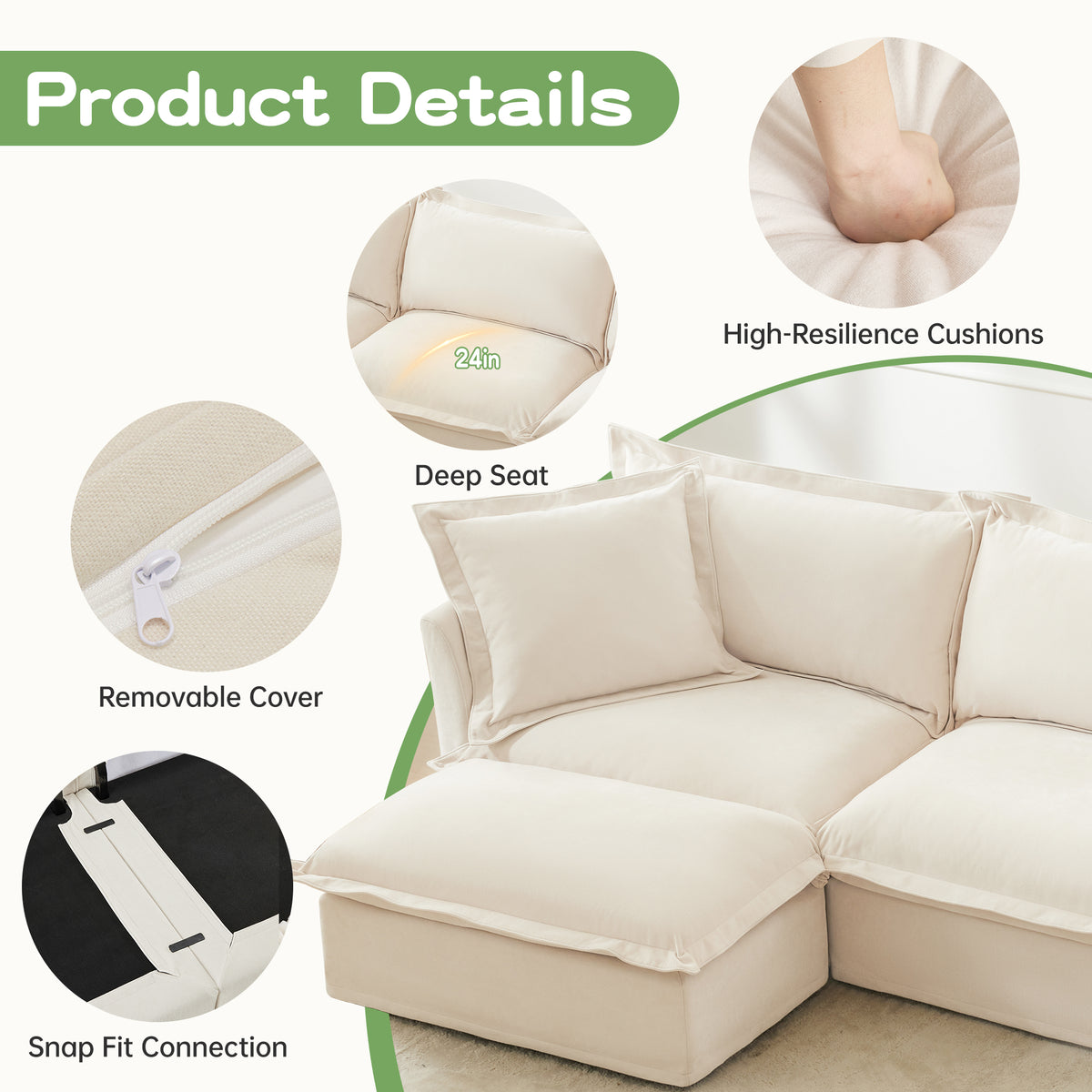 Slipcovered L Shape Sectional Long Sofa Couch - 4 Seater