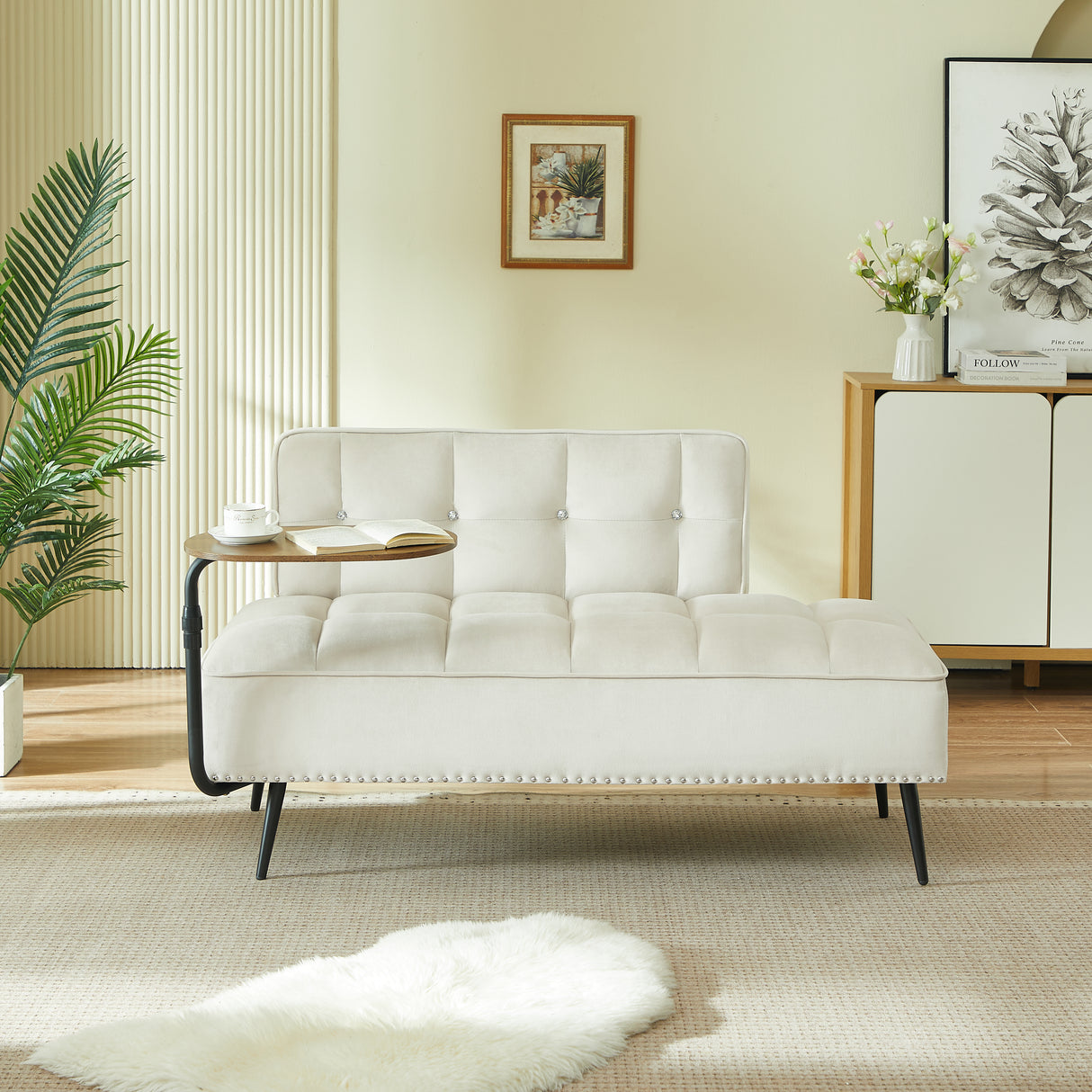 54-Inch Modern Two-Seater Velvet Sofa with Rotating Side Table