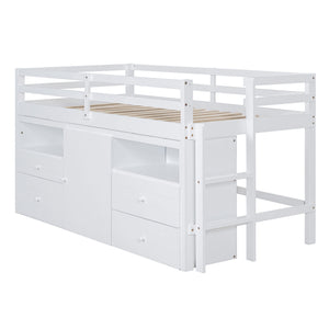 Loft Bed With 4 Drawers, Underneath Cabinet And Shelves