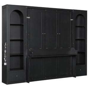 French Style Murphy Platform Bed With Shelf, Side Cabinets, Drawers And LED