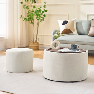Nesting Ottomans, Round Coffee Table & Bench With Tray (Set of 2)