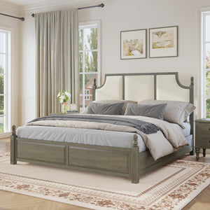 King Size Farmhouse Solid Wood Platform Bed Frame, 50.8-Inch Tall, Beige Linen