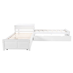 L Shaped Platform Bed With Trundle And Drawers Linked With Built In Desk