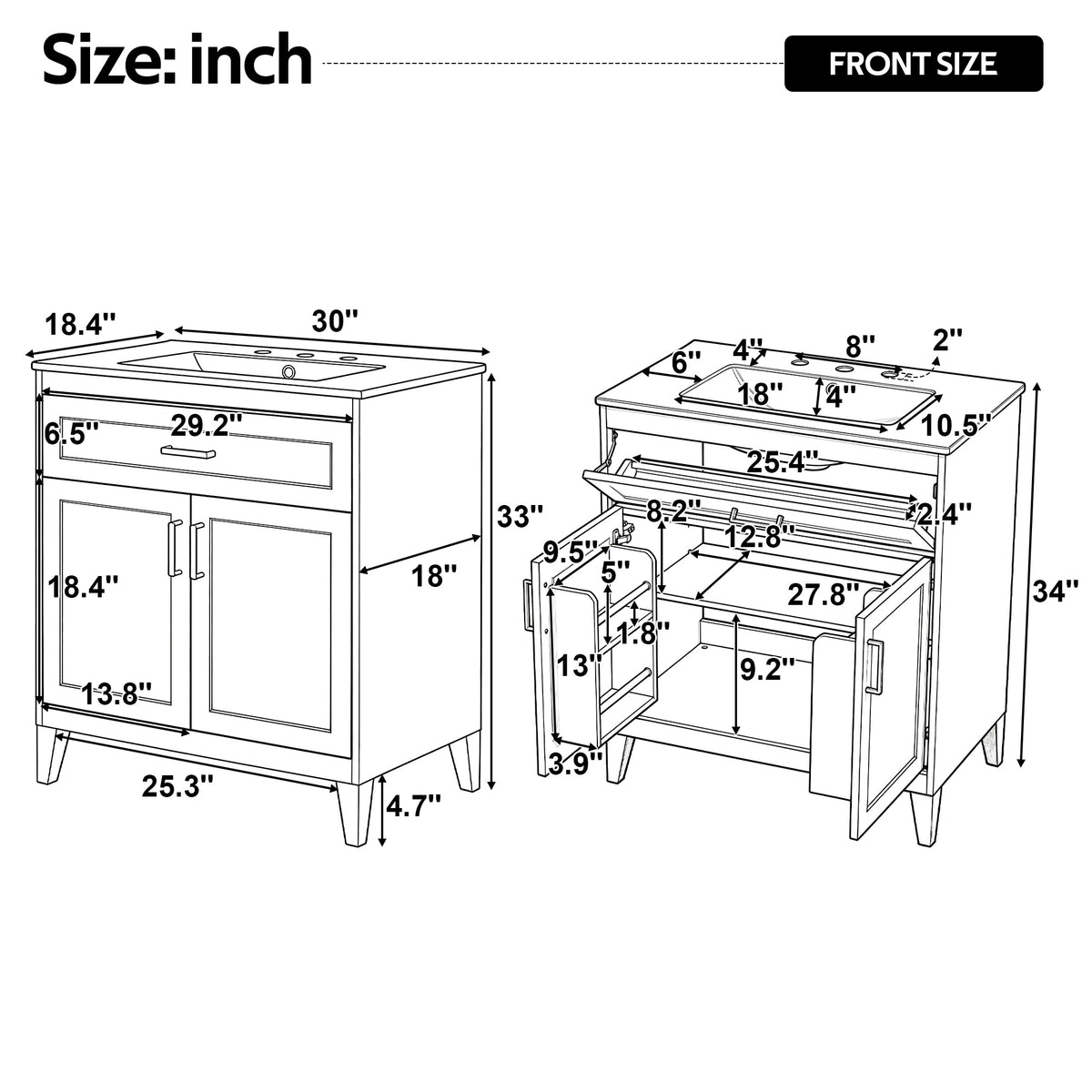 30" Bathroom Vanity with Ceramic Sink Top, Solid Wood Legs