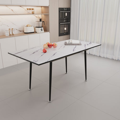 Modern Industrial Expandable Dining Table 47" To With Marble Pattern Top And Metal Legs - White