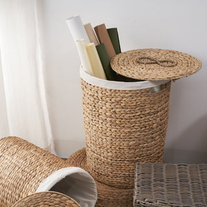 Ludmilla Round Tall Water Hyacinth Woven Wicker Laundry Hamper With Lid - For Clothes, Toys And Book Storage With Removable Liner - 18" X 18" X 23" - Natural Brown