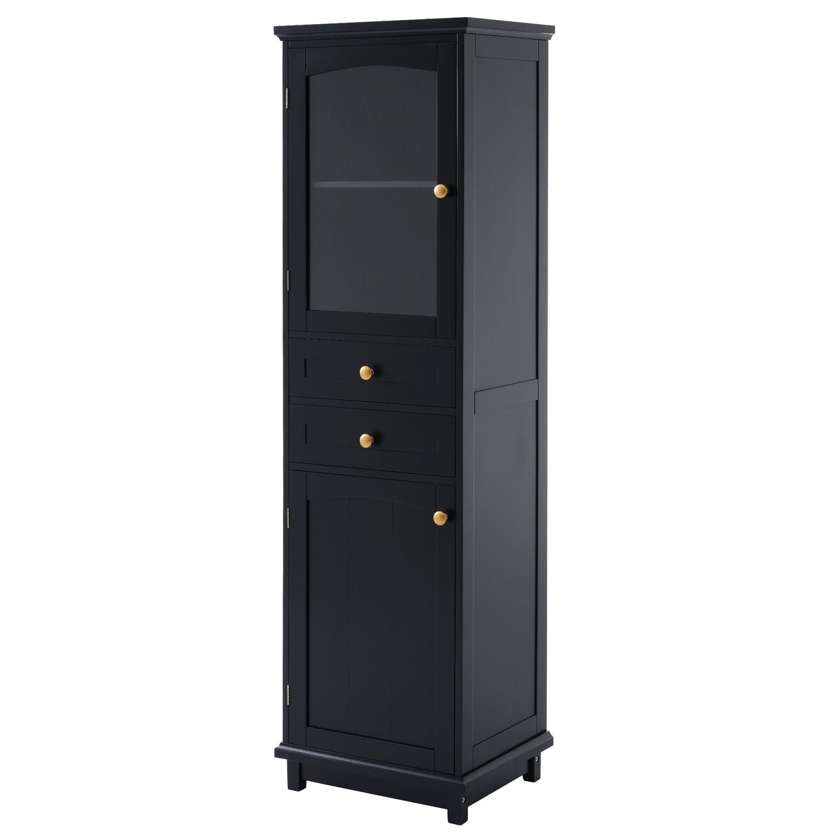 Tall Bathroom Storage Cabinet With Glass Doors, Free-Standing, Two Drawers, And Adjustable Shelves, Board, Painted Perfect For Displaying Your Favorite Items